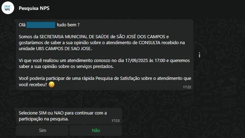 Pesquisa NPS - Exemplo de Mensagem WhatsApp